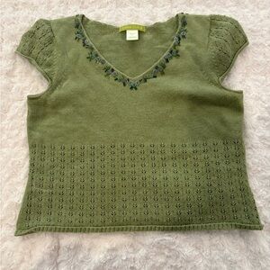 Sigrid Olsen Green Knit Top with Embroidered Details
